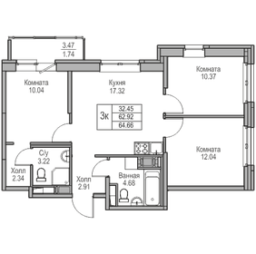 Квартира 62,9 м², 3-комнатная - изображение 1