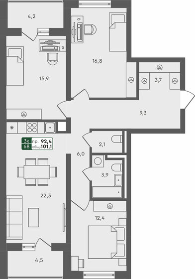 101,1 м², 3-комнатная квартира 10 810 000 ₽ - изображение 1