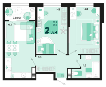 58,4 м², 2-комнатная квартира 6 867 840 ₽ - изображение 9