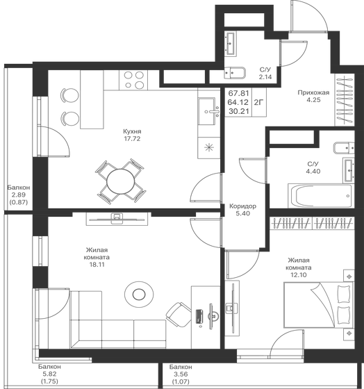 67,8 м², 2-комнатная квартира 13 155 140 ₽ - изображение 1