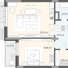 Квартира 74,7 м², 1-комнатные - изображение 2