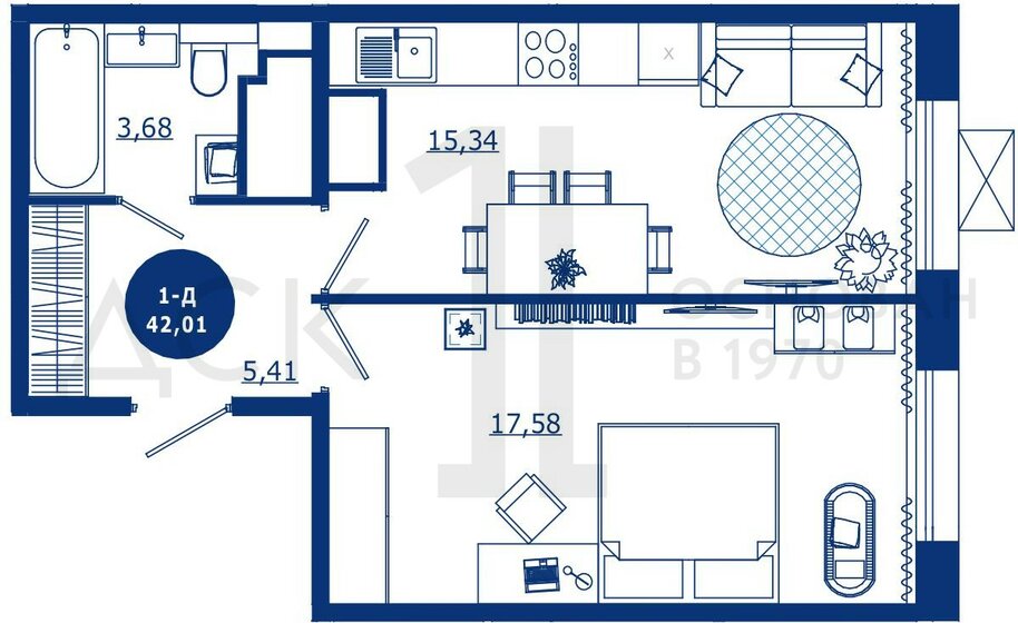 42 м², 1-комнатная квартира 6 800 000 ₽ - изображение 1