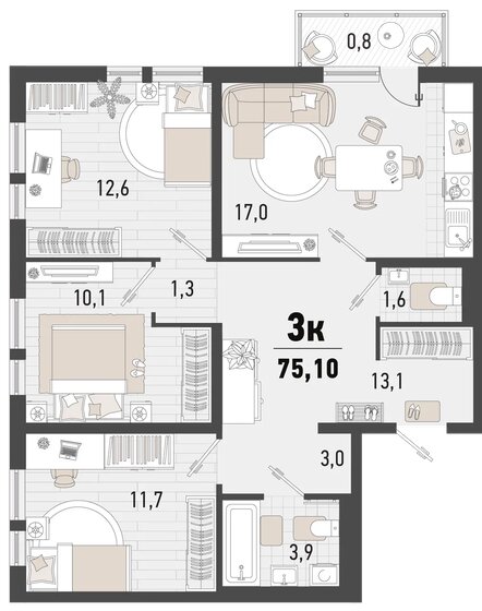 75,1 м², 3-комнатная квартира 16 995 130 ₽ - изображение 1