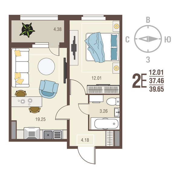 39,7 м², 1-комнатная квартира 4 361 500 ₽ - изображение 1