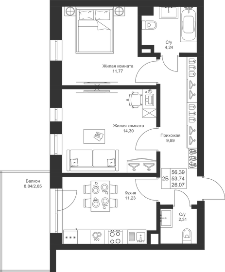 56,4 м², 2-комнатная квартира 8 120 160 ₽ - изображение 1