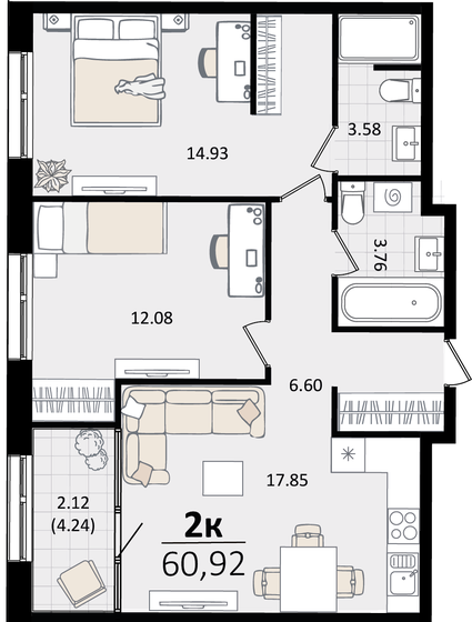 60,9 м², 2-комнатная квартира 16 174 260 ₽ - изображение 1