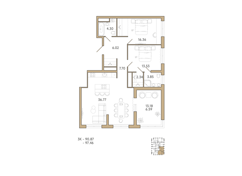97,5 м², 3-комнатная квартира 12 182 500 ₽ - изображение 1
