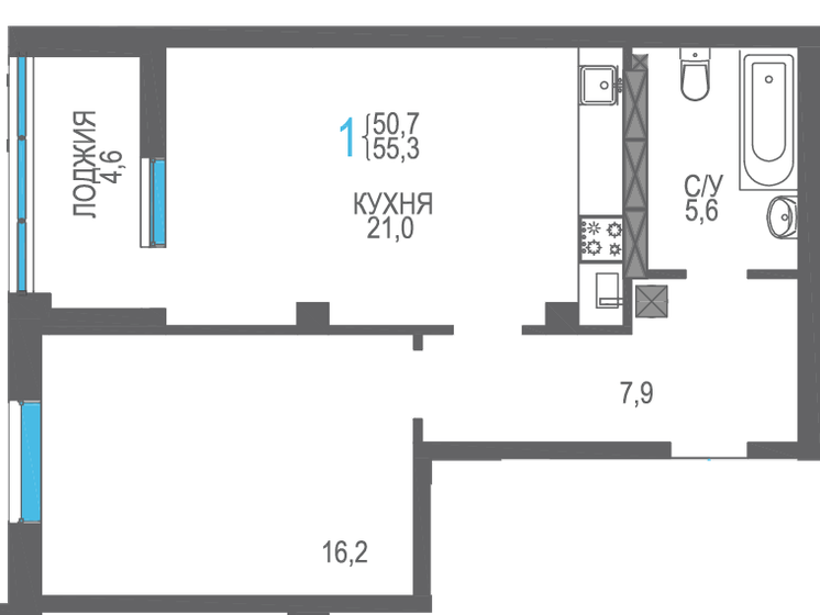 55,3 м², 1-комнатная квартира 7 299 600 ₽ - изображение 1