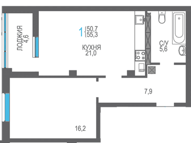 Квартира 55,3 м², 1-комнатная - изображение 1