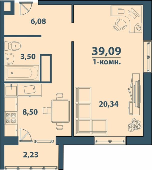 39,1 м², 1-комнатная квартира 3 322 650 ₽ - изображение 1