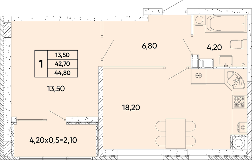 44,8 м², 1-комнатная квартира 5 644 800 ₽ - изображение 1