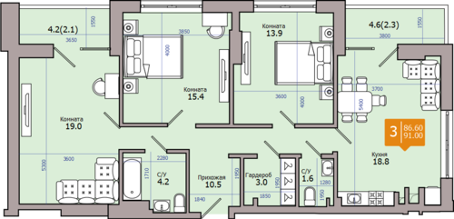 91 м², 3-комнатная квартира 9 009 000 ₽ - изображение 1