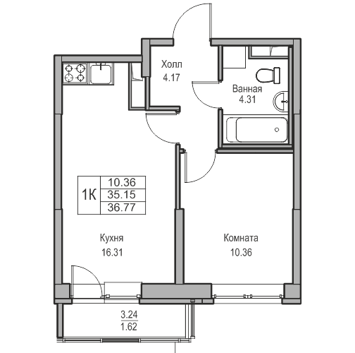 35,2 м², 1-комнатная квартира 7 243 690 ₽ - изображение 1