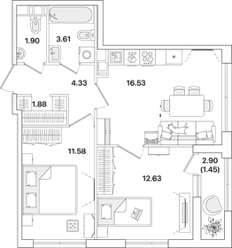 Квартира 53,9 м², 2-комнатная - изображение 1