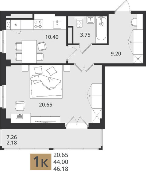 46,2 м², 1-комнатная квартира 6 173 537 ₽ - изображение 1