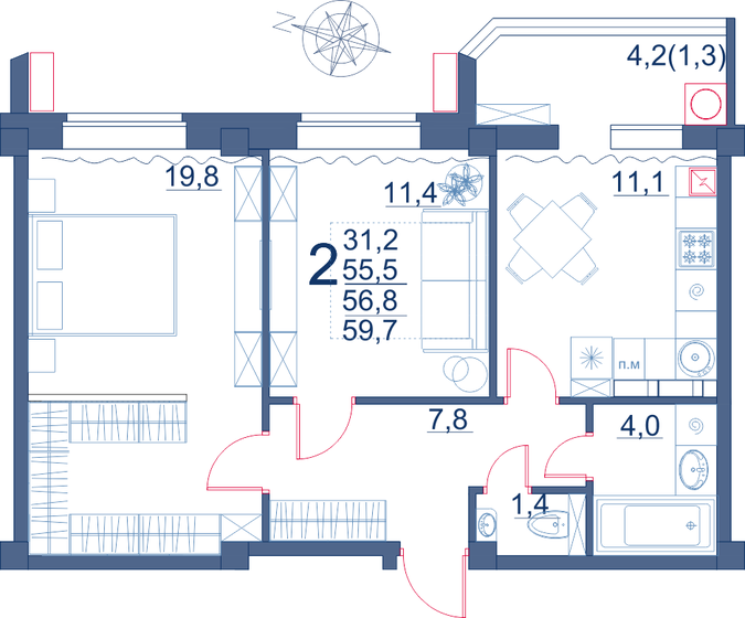 59,7 м², 2-комнатная квартира 7 245 000 ₽ - изображение 1