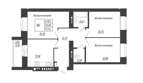 Квартира 71,7 м², 3-комнатная - изображение 1