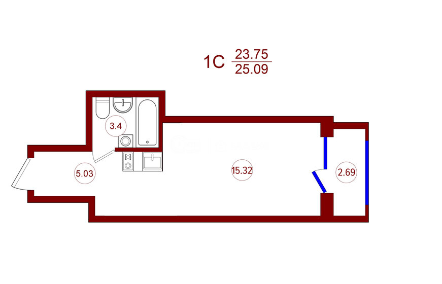 25,1 м², 1-комнатная квартира 2 258 100 ₽ - изображение 1