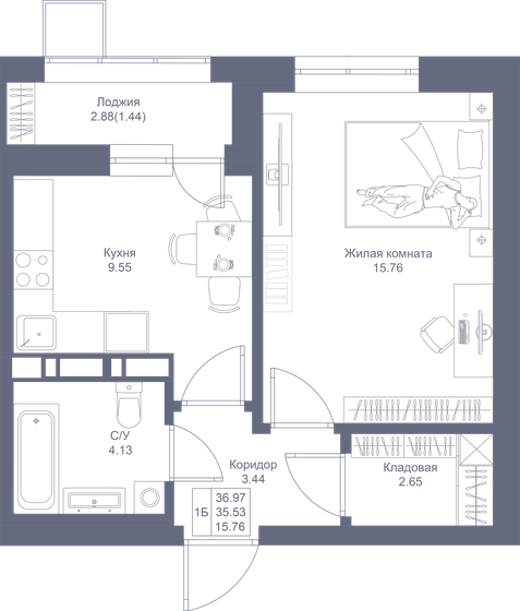 37 м², 1-комнатная квартира 9 020 680 ₽ - изображение 1