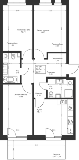 92,1 м², 3-комнатная квартира 14 180 346 ₽ - изображение 76