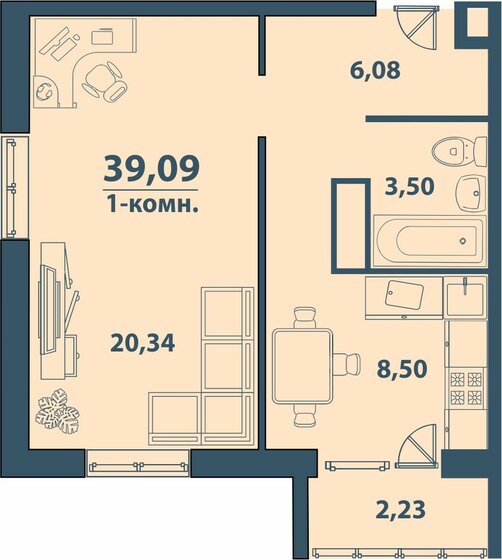 39,1 м², 1-комнатная квартира 3 283 560 ₽ - изображение 1