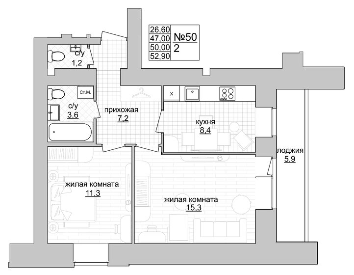 50 м², 2-комнатная квартира 6 750 000 ₽ - изображение 1