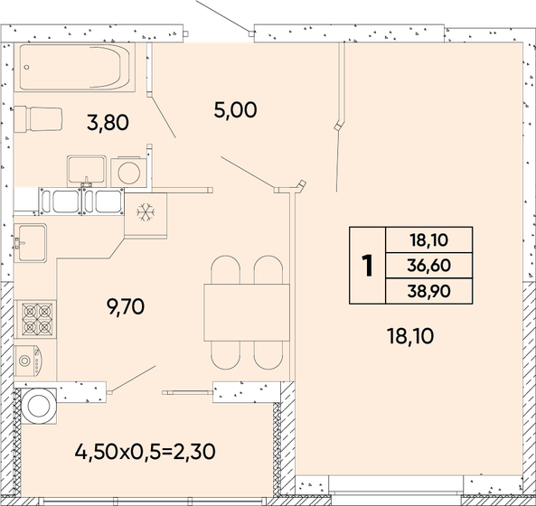 38,9 м², 1-комнатная квартира 4 901 400 ₽ - изображение 1