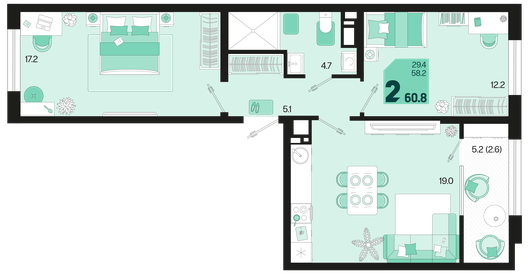 60,3 м², 2-комнатная квартира 7 718 400 ₽ - изображение 19