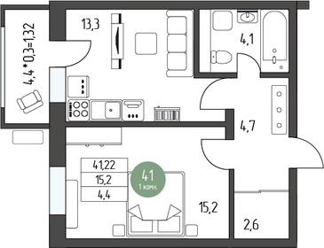 44,3 м², 1-комнатная квартира 5 853 240 ₽ - изображение 13