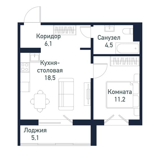 40,3 м², 1-комнатная квартира 5 737 500 ₽ - изображение 1