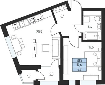 Квартира 49 м², 1-комнатная - изображение 1