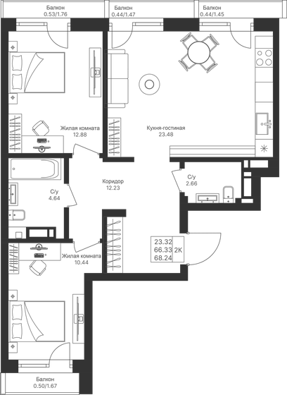 68,2 м², 2-комнатная квартира 13 852 720 ₽ - изображение 1