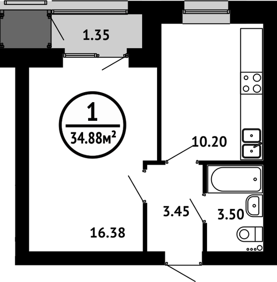 34,9 м², 1-комнатная квартира 5 057 600 ₽ - изображение 1