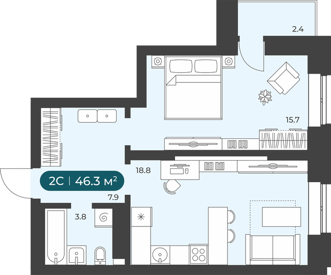 46,3 м², 2-комнатная квартира 5 600 000 ₽ - изображение 1