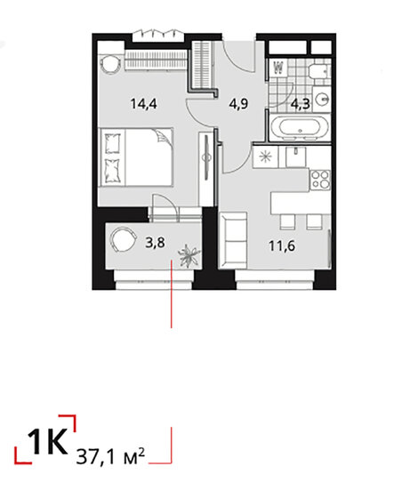 37,1 м², 1-комнатная квартира 14 873 000 ₽ - изображение 1