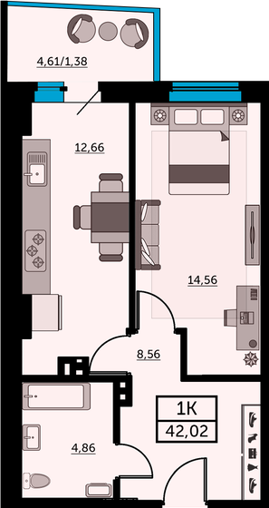 41,7 м², 1-комнатная квартира 5 883 930 ₽ - изображение 1