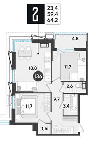 64,4 м², 2-комнатная квартира 7 753 760 ₽ - изображение 15