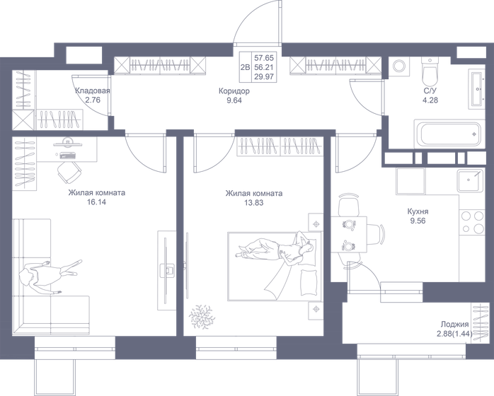 57,7 м², 2-комнатная квартира 11 645 300 ₽ - изображение 1