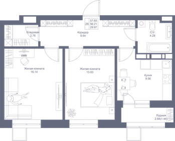 Квартира 57,7 м², 2-комнатная - изображение 1