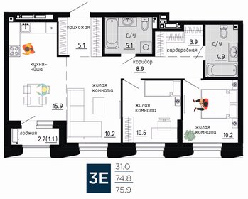 Квартира 75,9 м², 3-комнатная - изображение 1