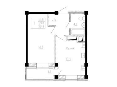 Квартира 43 м², 1-комнатная - изображение 1