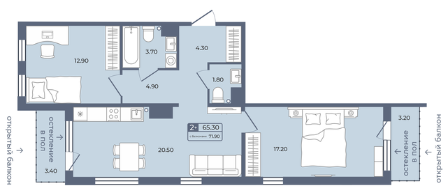 Квартира 65,3 м², 2-комнатная - изображение 1