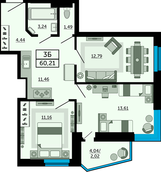 60,2 м², 3-комнатная квартира 9 998 180 ₽ - изображение 1