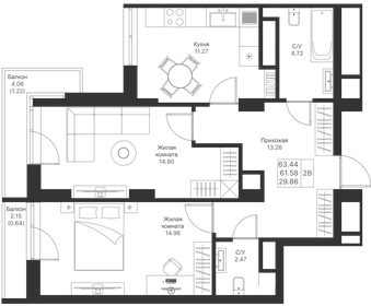 Квартира 63,4 м², 2-комнатная - изображение 1