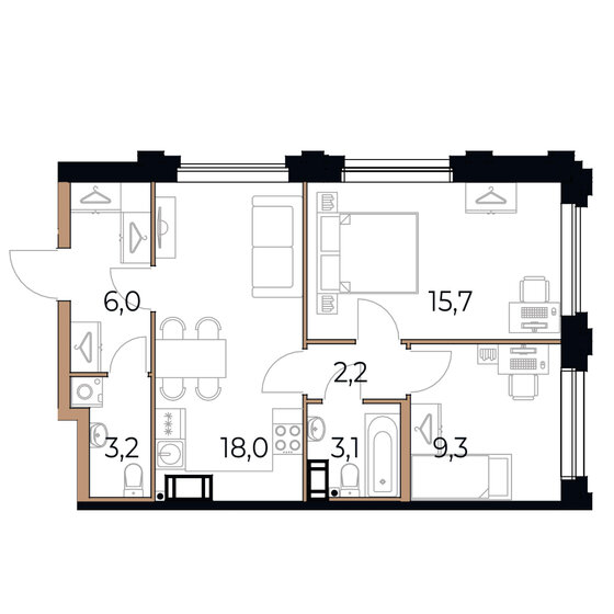 57,5 м², 2-комнатная квартира 9 142 500 ₽ - изображение 1