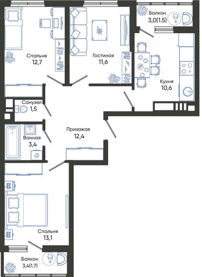 68,5 м², 3-комнатная квартира 11 247 700 ₽ - изображение 1