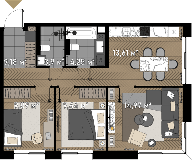 65,2 м², 3-комнатные апартаменты 30 976 384 ₽ - изображение 1