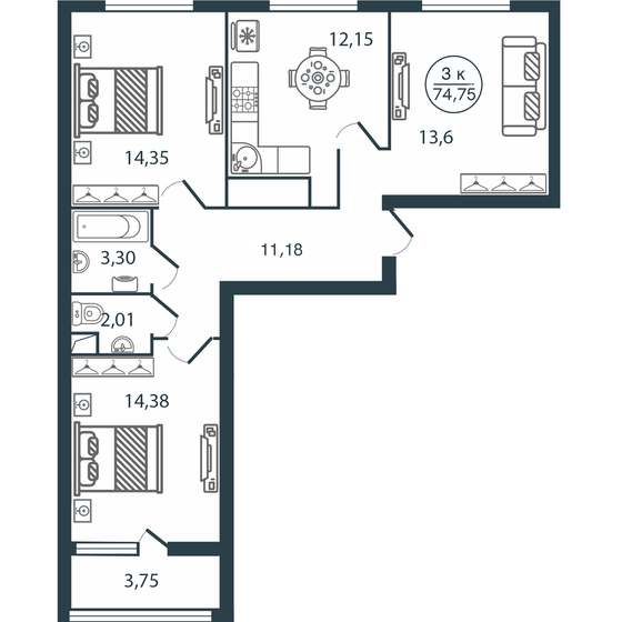 74,8 м², 3-комнатная квартира 8 122 709 ₽ - изображение 26