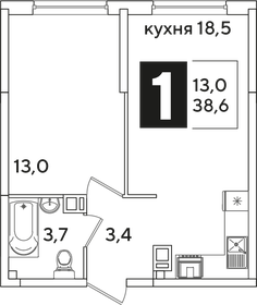 Квартира 38,6 м², 1-комнатная - изображение 2