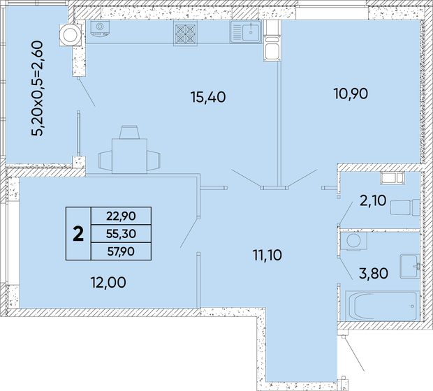 57,9 м², 2-комнатная квартира 6 832 200 ₽ - изображение 1